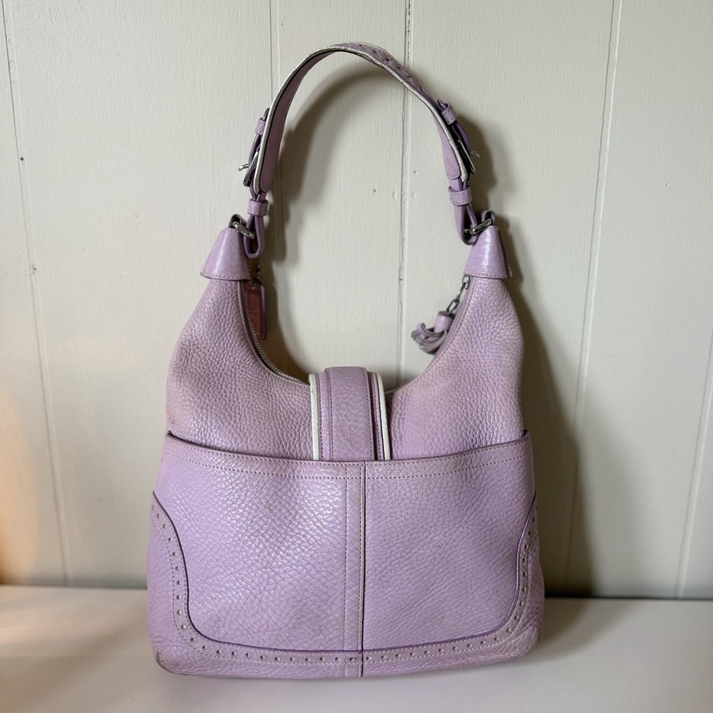 Coach Lilac Pebbled Shoulder Bag Buckle Accent Silver Hardware Designer Classic - Picture 6 of 14